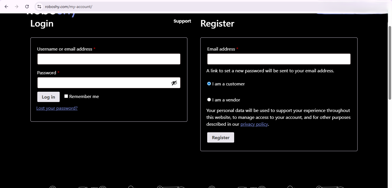 Roboshy customer login page