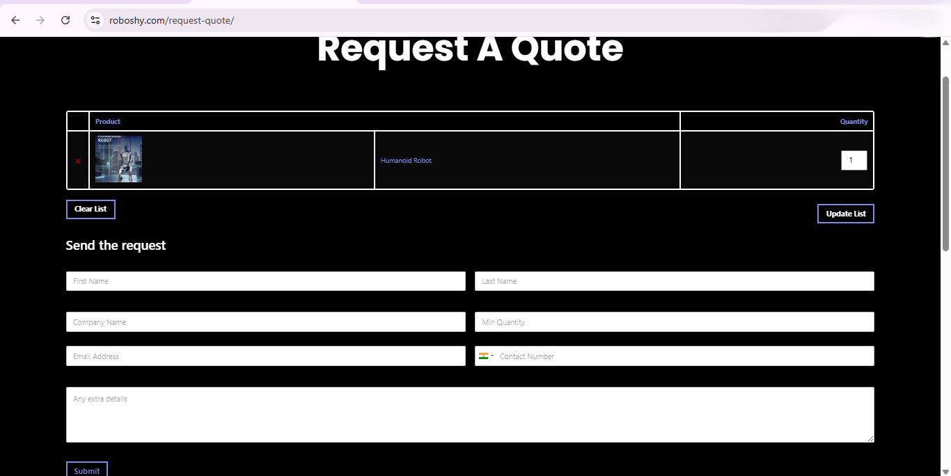 Roboshy Request a quote page
