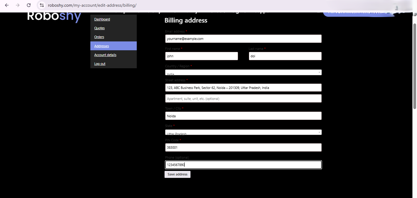 Roboshy customer billing address page