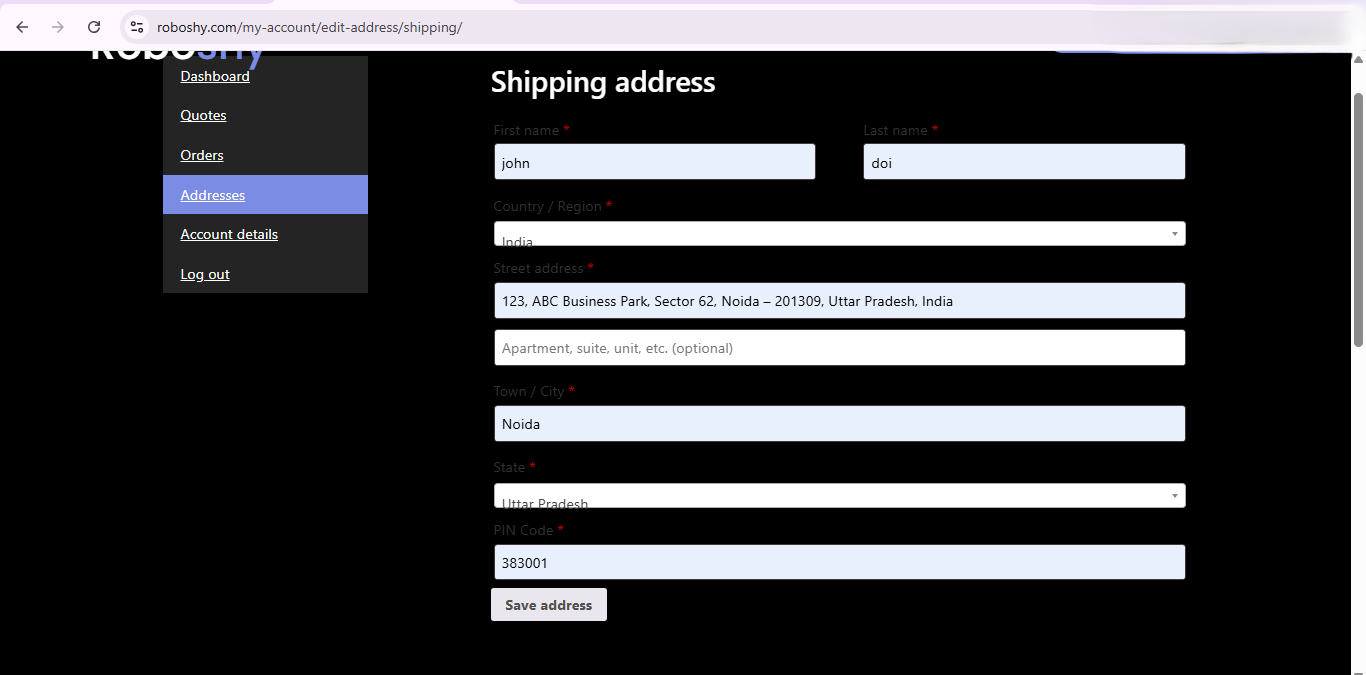 Roboshy shipping address page