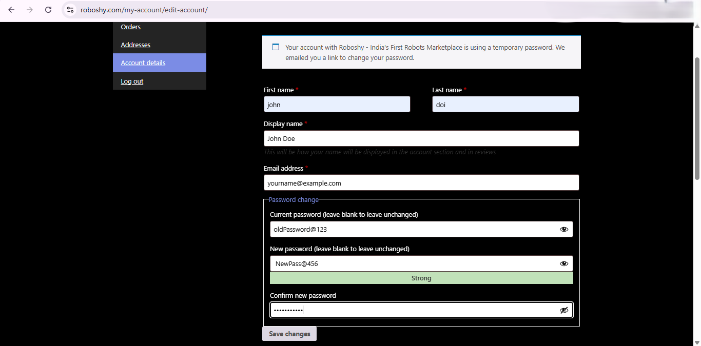 Roboshy customer registration page