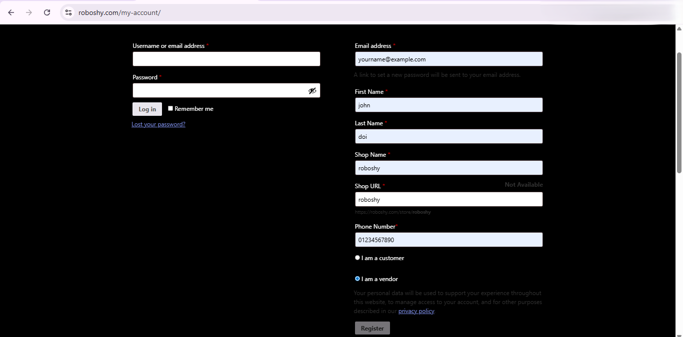Roboshy vendor onboarding signup page