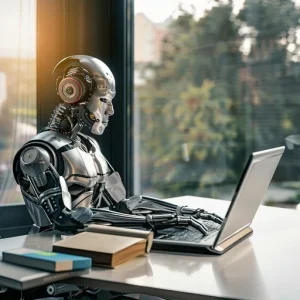 AI humanoid office robot working on laptop for smart business automation